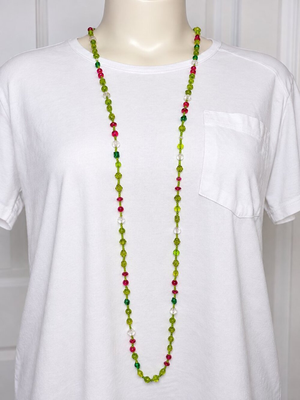 Extra Long Multicolor Glass Beaded Necklace Green Pink Clear